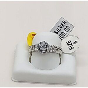 RJ-R116 Sterling Silver Anniversary/Wedding Set Ring Size 8 CZ & Baguette